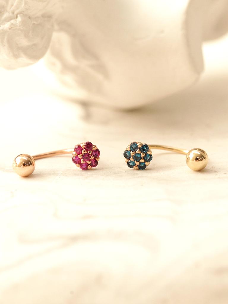 Minimalpiercing 14K Mini Me Colorful Flower Curve Ring Piercing Earrings