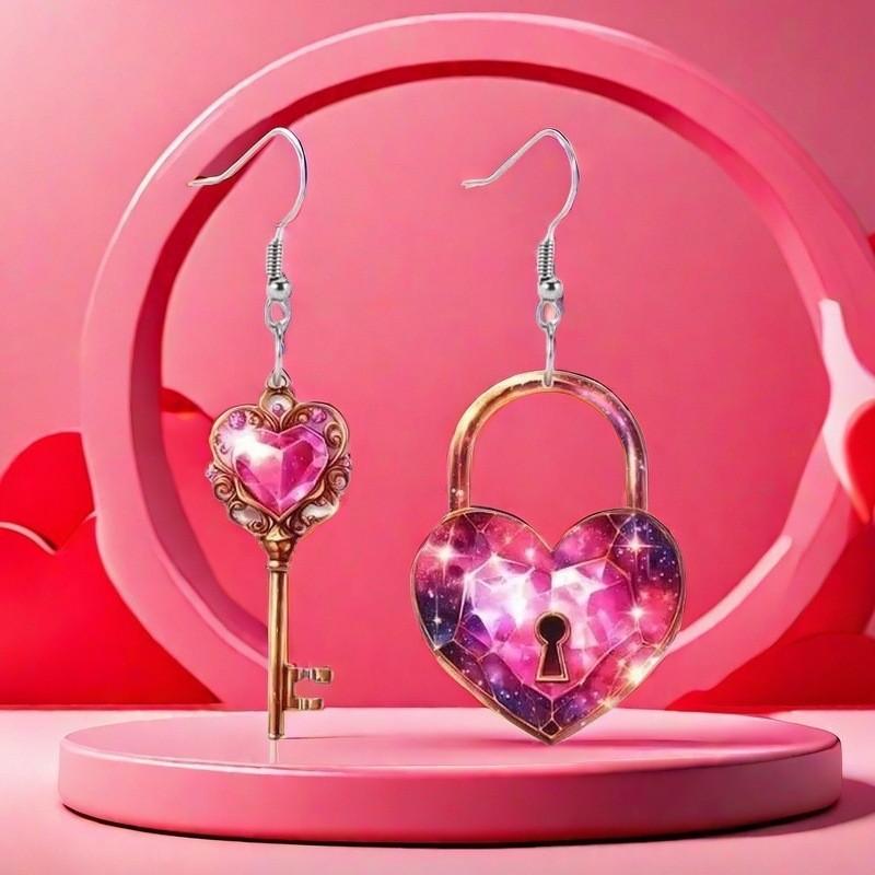 Heart Shaped Sweet Lock And Key Design Acrylic Women Pink Earrings Jewelry