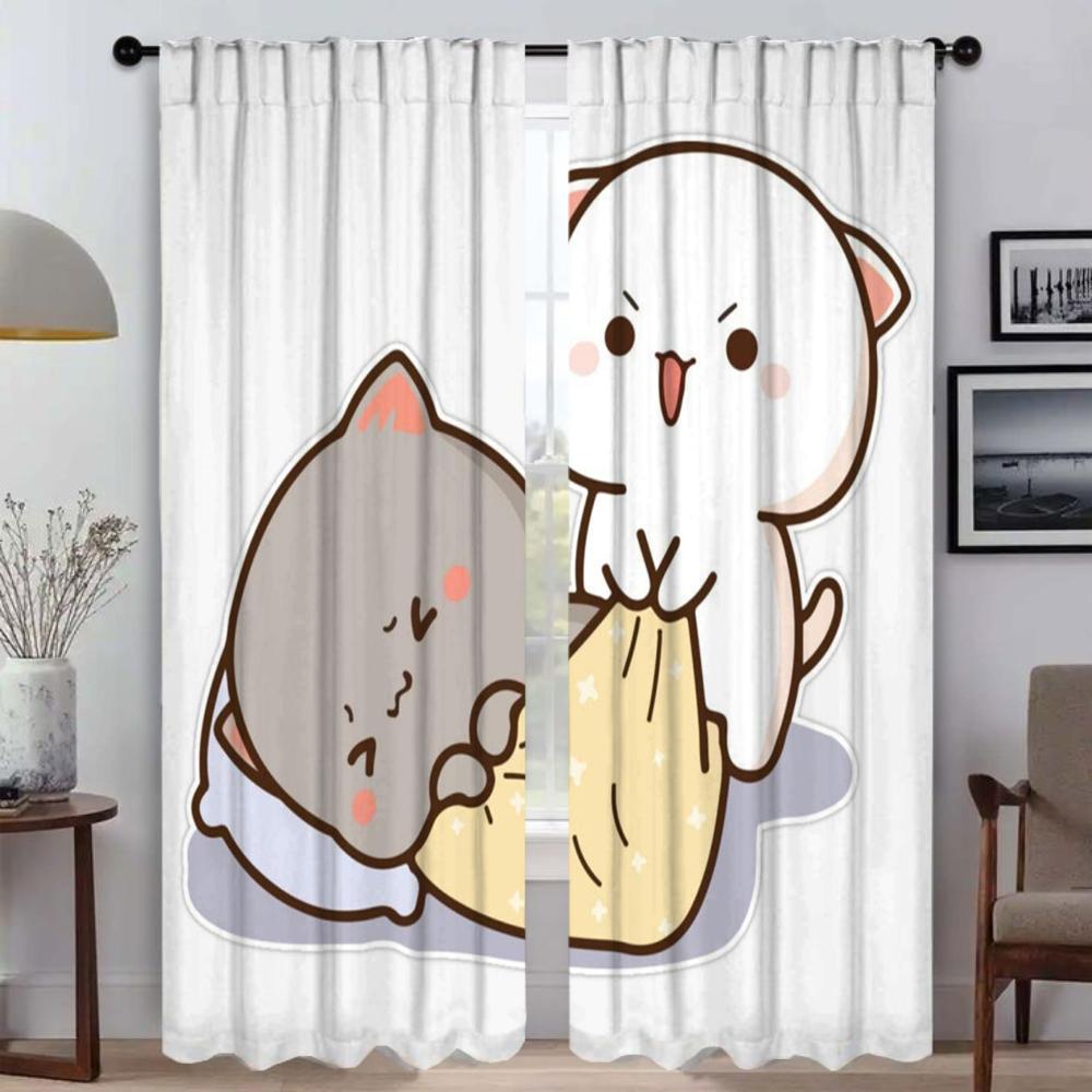 Zasłony Kuchenne 2 Sztuki Brzoskwiniowy Kot Mochi Zasłona do Salonu Tiul do Sypialni Dekoracja Halloween Zasłony do Wnętrza Domu