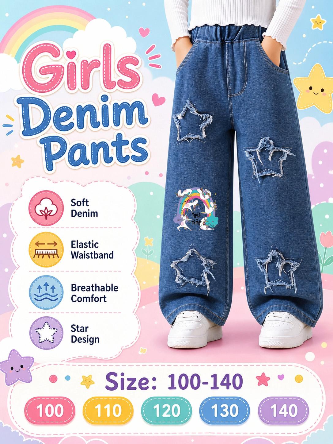 Girls Print Star Jeans, Elastic Waist Daily Casual Wide Leg Denim Pants 100cm синий
