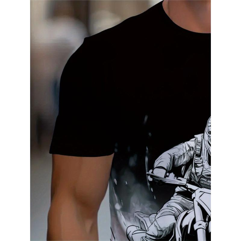 European sizes[Motorcycle Graphic T-Shirt] Durable Fabric Men's Casual Motorcycle Graphic T-Shirt | Black & White Print, Short Sleeve