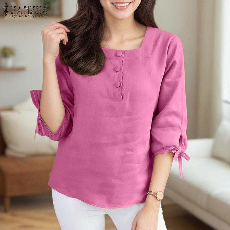 ZANZEA Women Square Neck Summer 3/4 Sleeve Loose Blouse