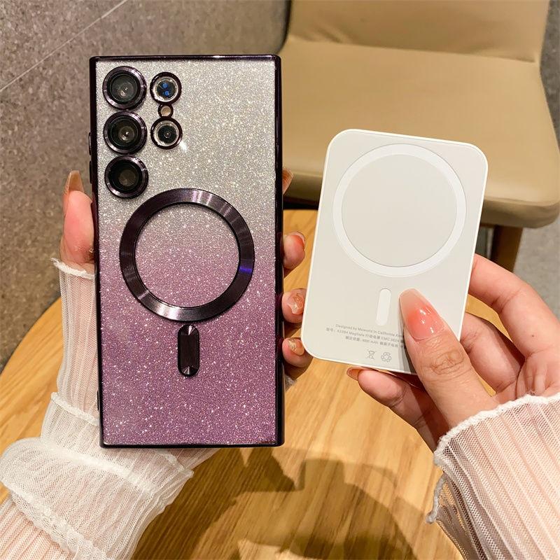For For Samsung S24 S25 Ultra  Plating Frame Flash  Magnetic Phone Cover For For Samsung Galaxy S23 S22 Plus S21 FE Case