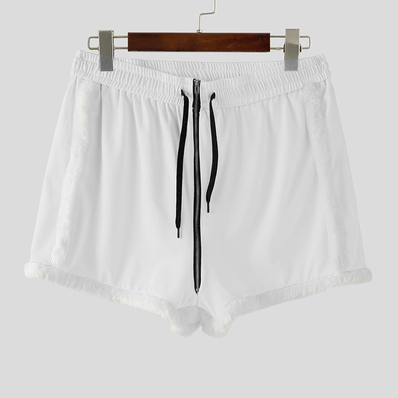 

INCERUN Men Drawstring Stitching Elastic Waist Furry Patchwork Home Wear Mini Shorts XL білий