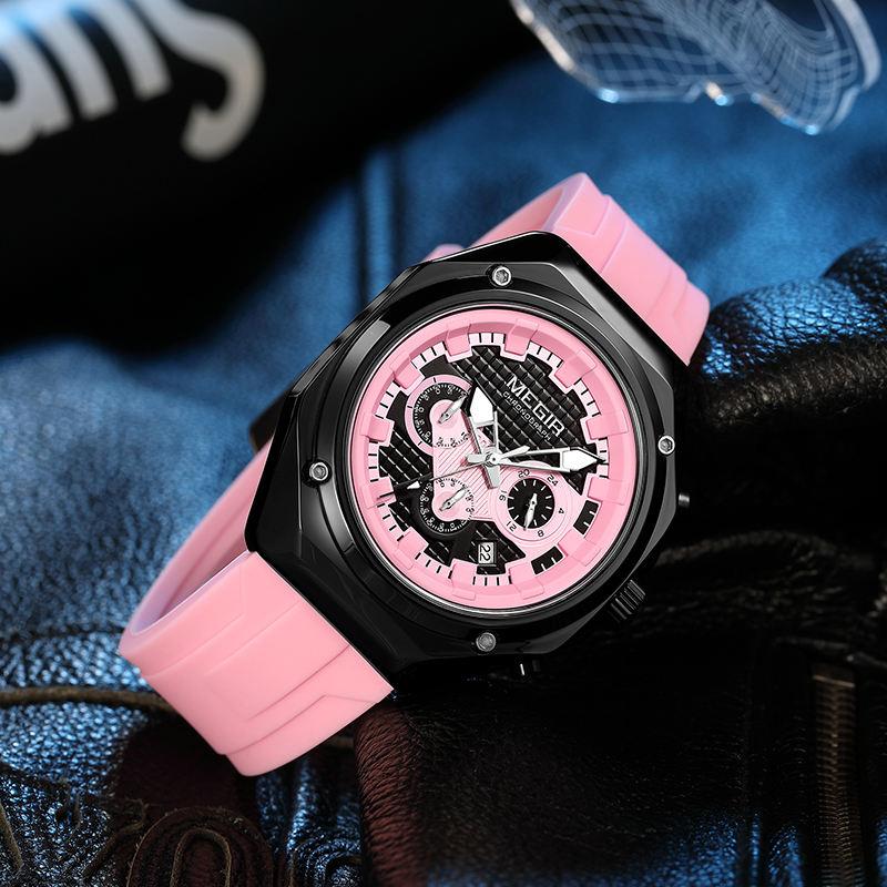 Men's Chronograph Quartz Watch Octagonal Case Waffle Dial Date Display Waterproof Silicone Strap Sports Wristwatch