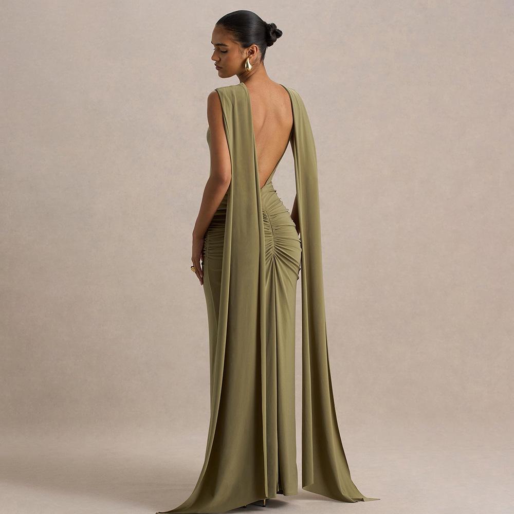 Spring Elegant European and American Women's Evening Gown - Sexy Backless Long Skirt with Flowing Ribbon
