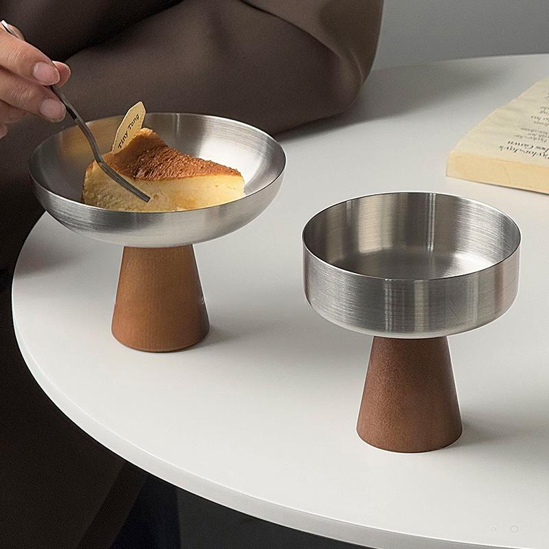 Stainless Steel Wooden Foot Dessert Goblet Fruit Bowl Restaurant Cake Ice Cream Dessert Bowl Ornament