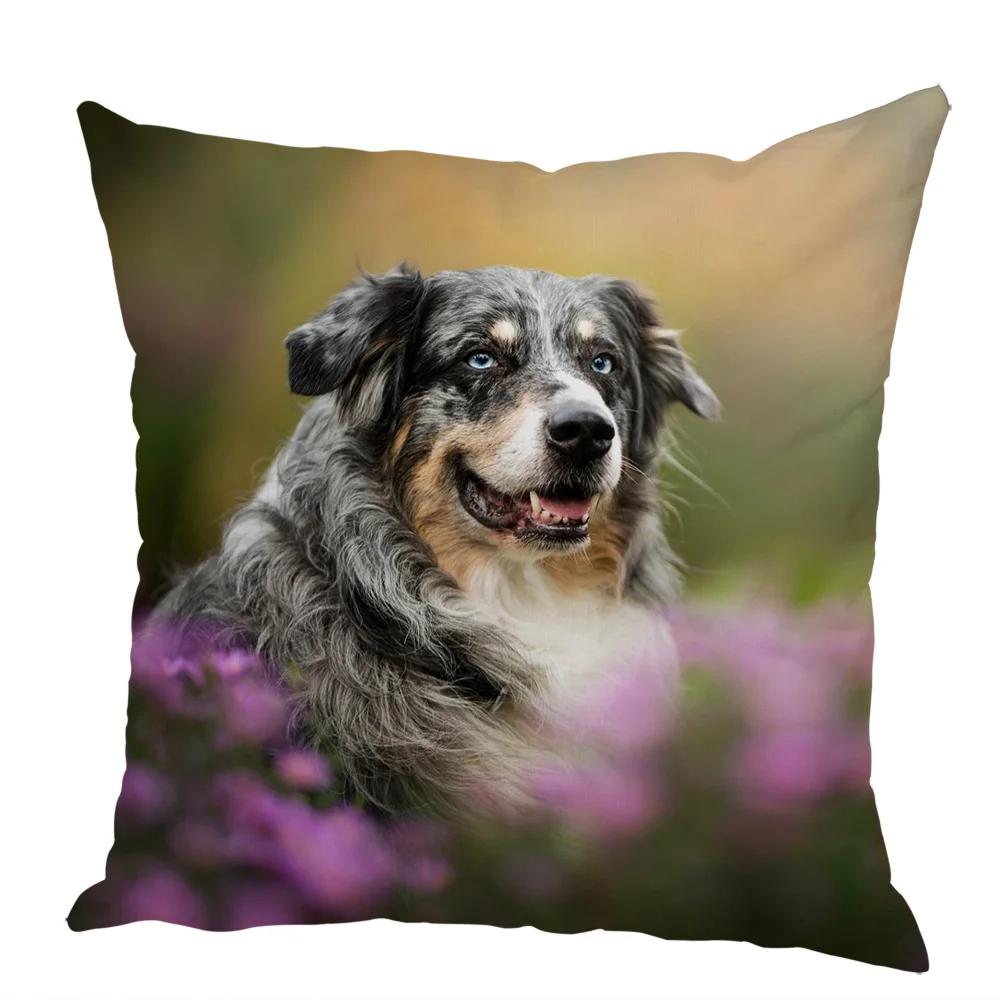 Cute Australian Shepherd Dog Pillow Case Peach Skin Decor Pet Animal Cushion Cover Thorw Pillowcase for Sofa Home Car 45x45cm