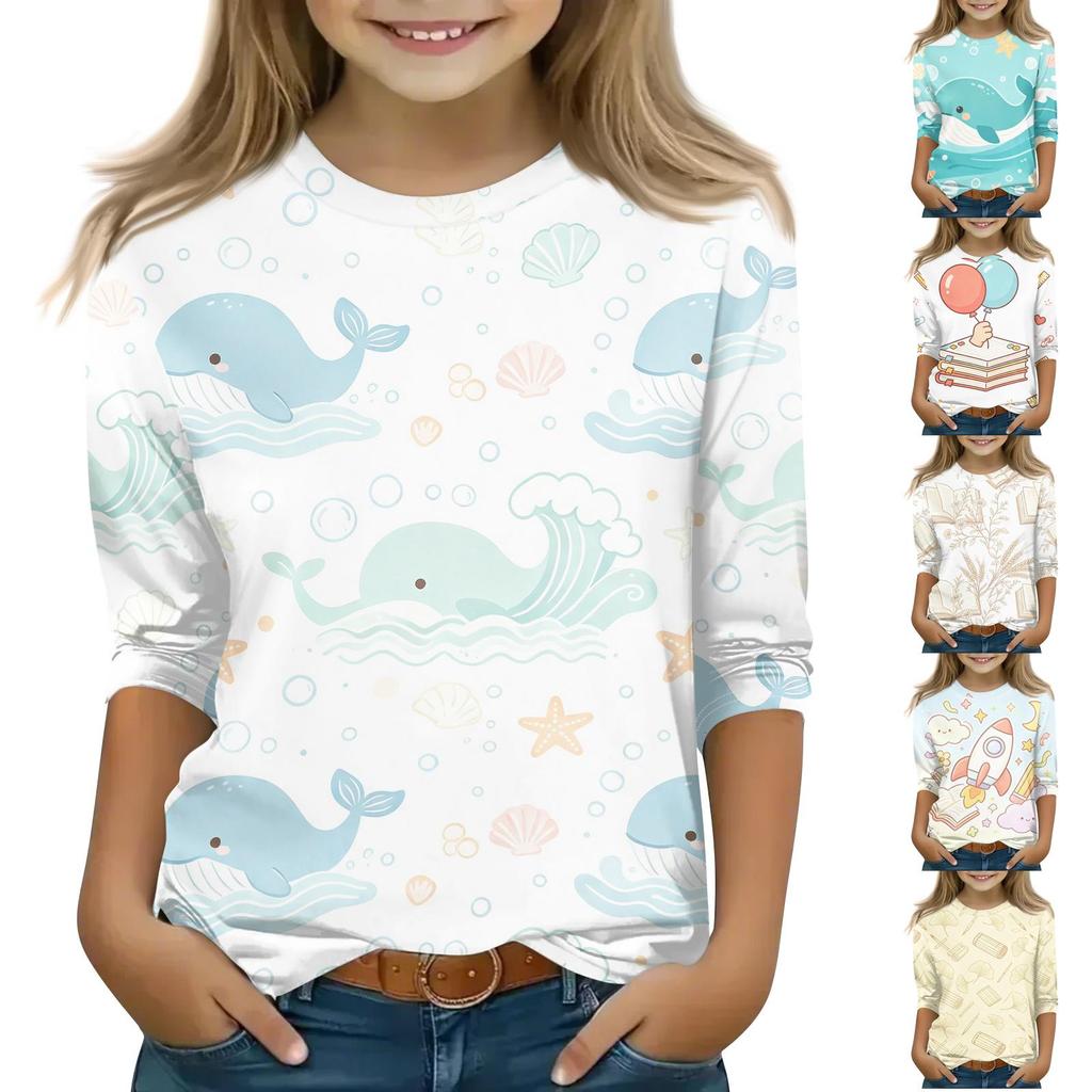 Kids' Casual Round Neck Printed 3/4 Sleeve Top, Back to School