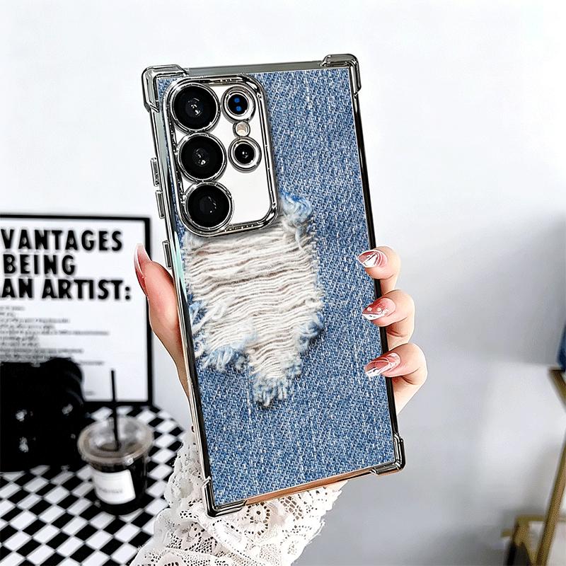 Retro Denim Pattern Soft Phone Case For Samsung Galaxy S26 Ultra S25 Edge S24 FE S23 Plus S22 S21 + S20 Plating Anti-Fall Fundas