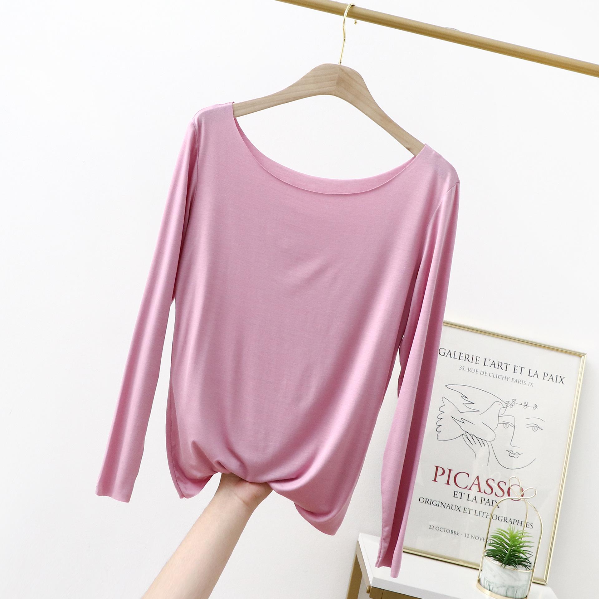 

Женская облегающая футболка из модала с длинным рукавом - модный топ с круглым вырезом на весну/лето Medium розовый