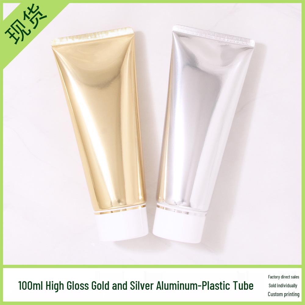 In Stock 100ml/100g High Gloss Gold-Silver Aluminum-Plastic Cosmetic Tube with Acrylic Cap - Refillable PE Empty Bottle