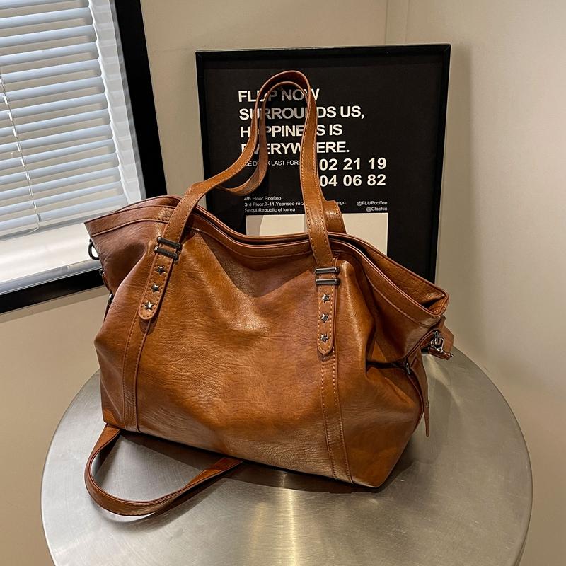 

Large Sized Tote Bags For Women Soft PU Leather Pure Color Large Capacity Shopper Shoulder Crossbody Bag Quality Handbags 46x32x16cm коричневий