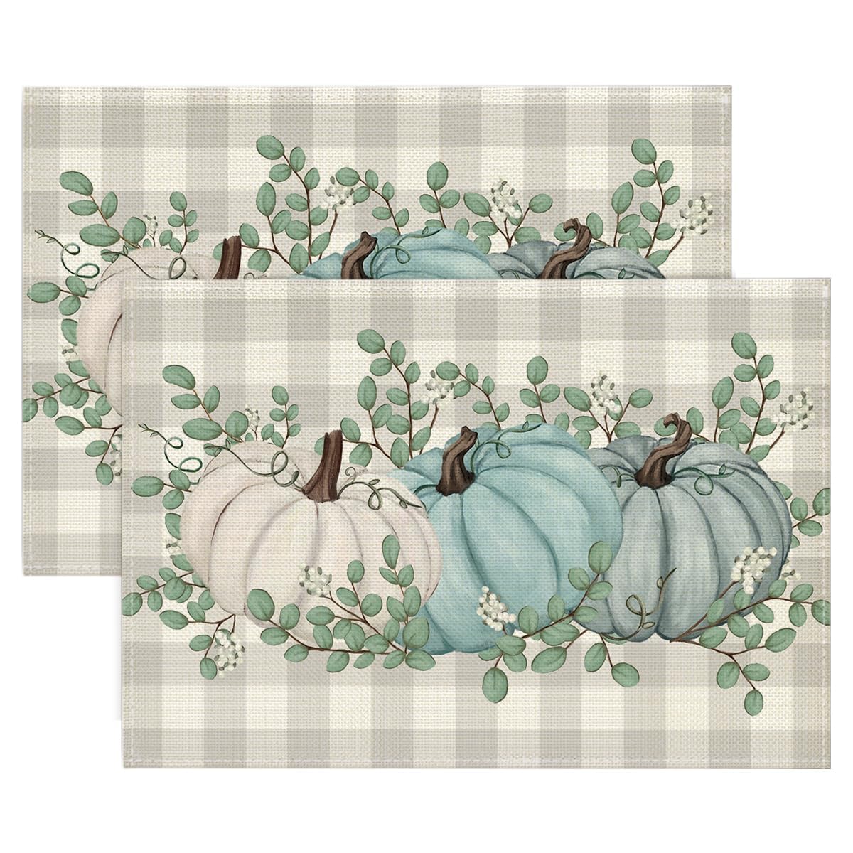 

Pumpkins Eucalyptus Leaves Fall Placemats Set of 4, 12x18 Inch Autumn Thanksgiving Harvest Vintage Table Mat for Party Dining Decoration 12 x 18 , Rectangular Set of 2