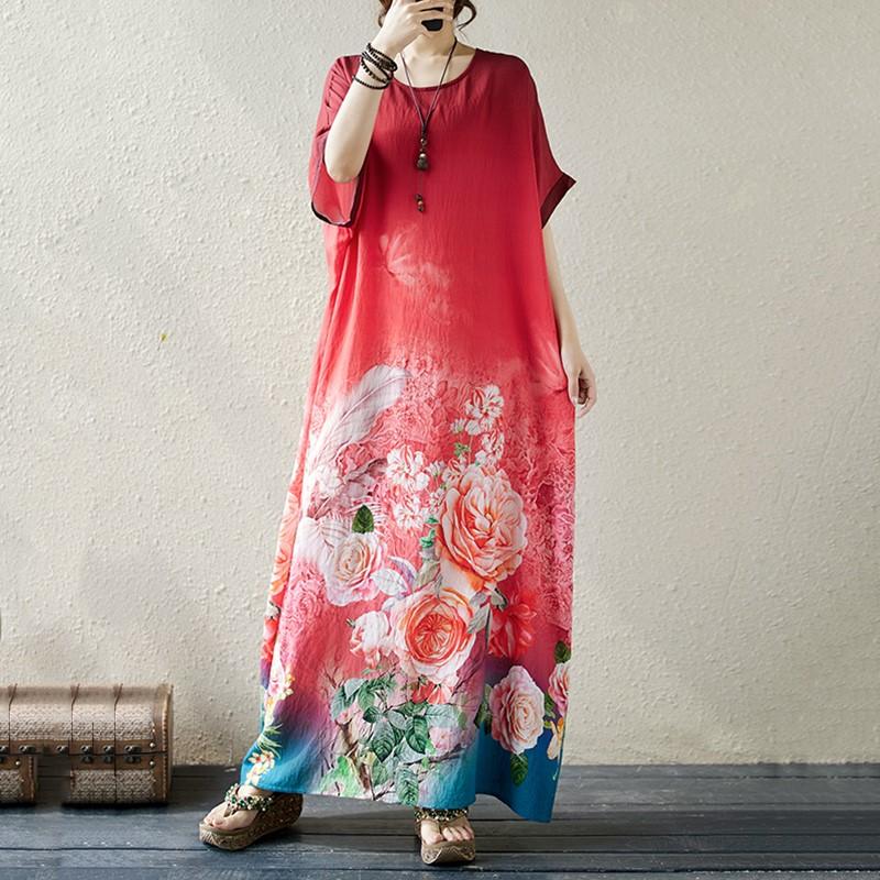 Krátký rukáv Nadměrná velikost vintage květinová novinka v šatech pro ženy ležérní volné Maxi dlouhé letní šaty