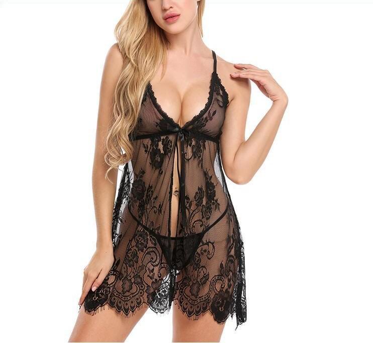 European & American Sexy Eyelash Lace See-through Babydoll Dress with Slit