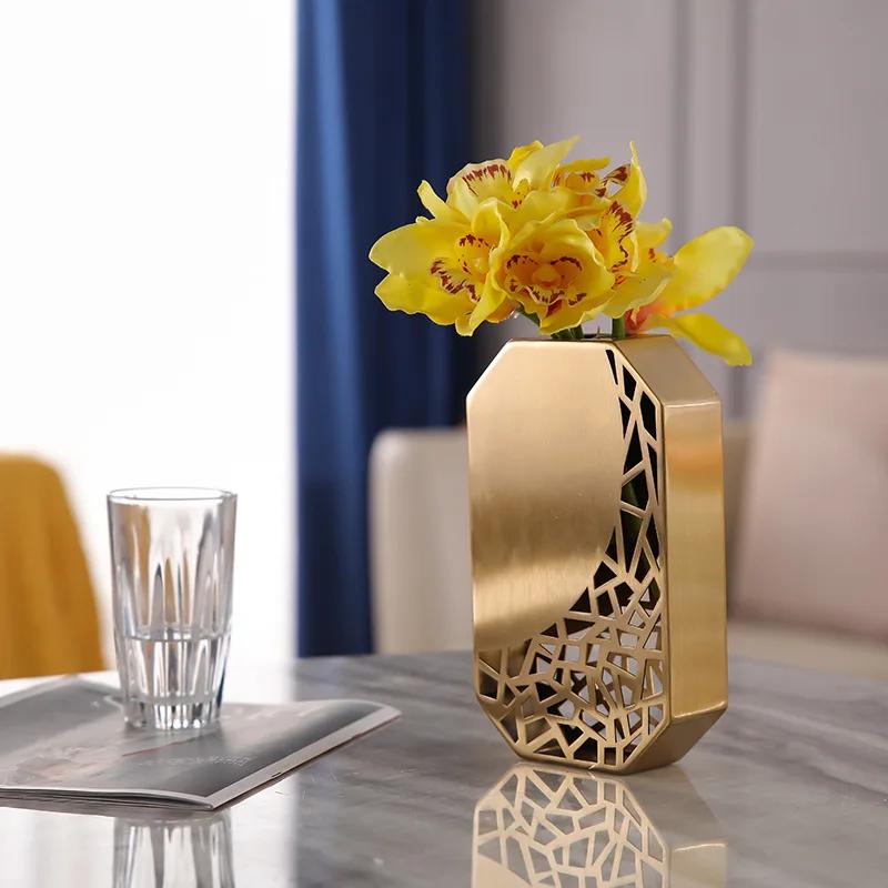 Light luxury golden flower vase metal flower arrangement vase home living room dining table decoration crafts