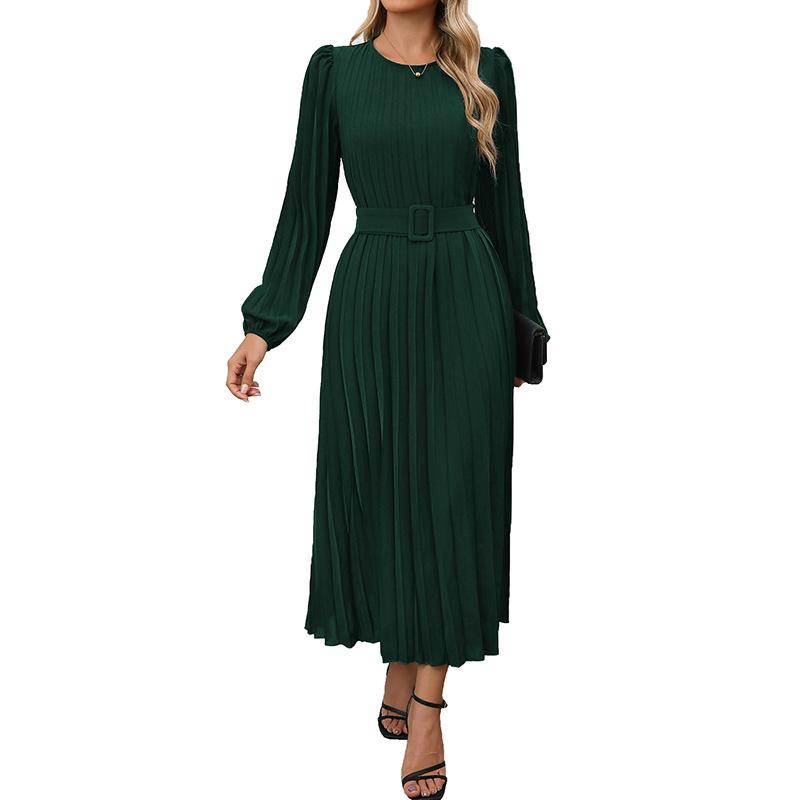 Neues Herbst-Kleid im eleganten Retro-Stil, Rundhals, Langarm, Unifarben, Plissiert
