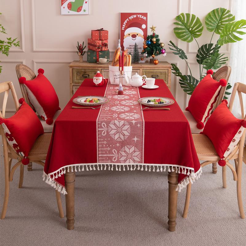 Red Christmas Deer Christmas Ball Polyester Jacquard Retro Fringed Tablecloth Coffee Table Dining Table Cloth Cover Towel