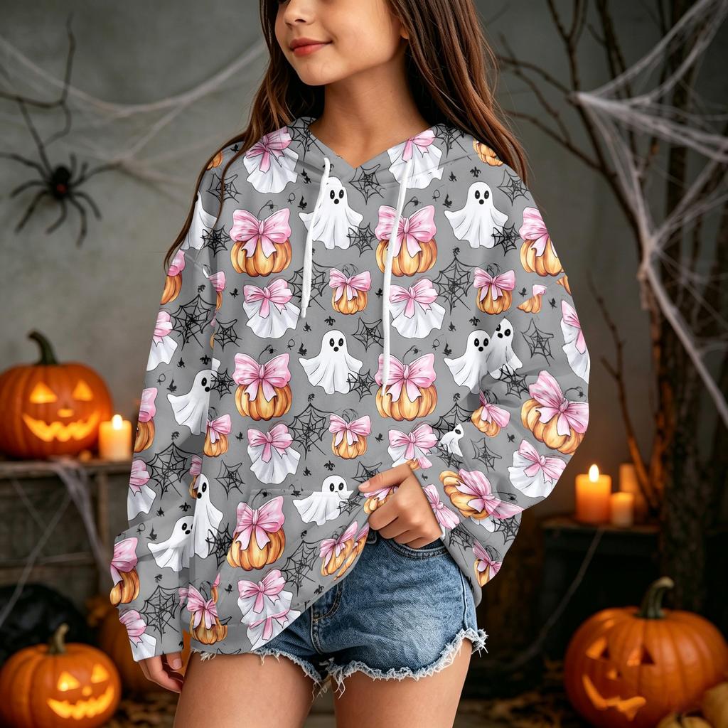 Kids Casual Hooded Sweatshirt with Halloween Print Pullover for Daily Wear