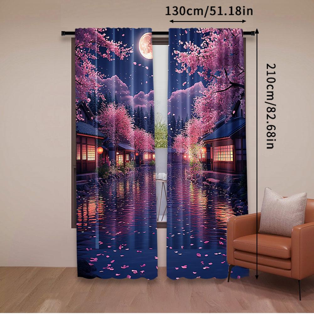 2 Stück Kirschblütenvorhang Japanischer Stil Vorhang Romantische Mondscheinnachtszenerie Rosa Blau Für Schlafzimmer Wohnzimmer Esszimmer