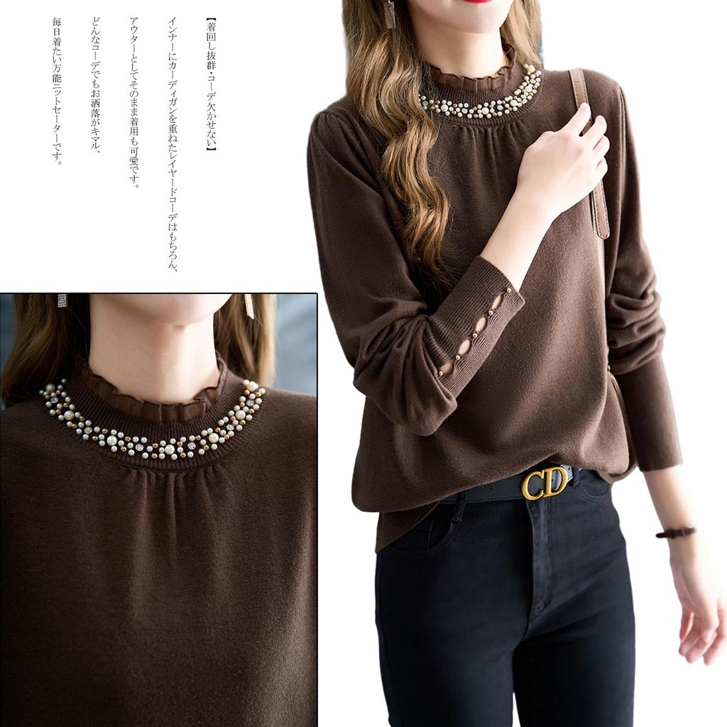 Top tricotat cu mânecă lungă RoyzTocz cu gât înalt și perle, elegant, Heattech, perfect pentru iarnă, pulover pentru femei, ornamente, vestă, călduros, elegant,