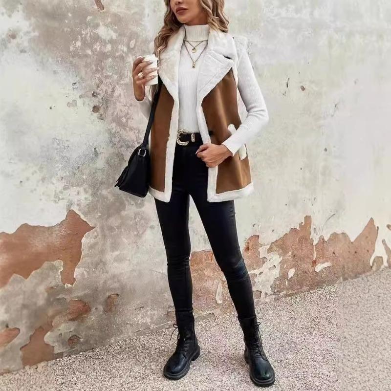 Dámská vesta Módní vesta s lemováním z jehněčí kožešiny Středně dlouhá bunda bez rukávů Dámská