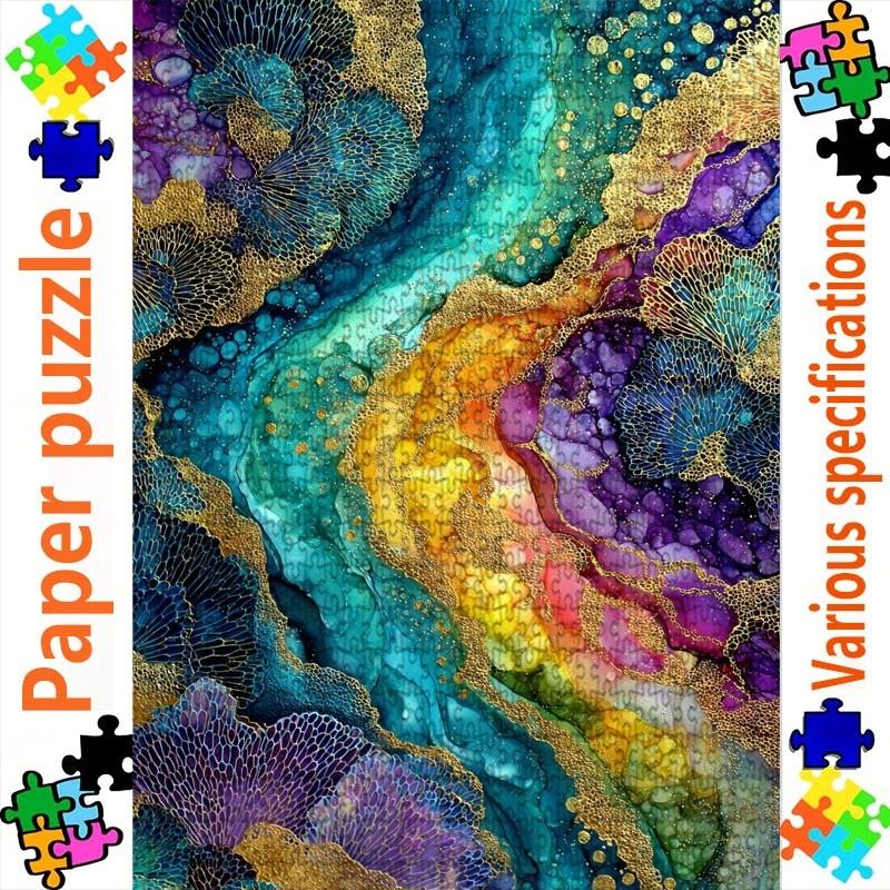 1000pcspcs Large Adult Jigsaw Puzzle Suitable for Family & - Vibrant Abstract Marbled Paper Puzzle with Golden Details, Multicolor Marbled, Challengin