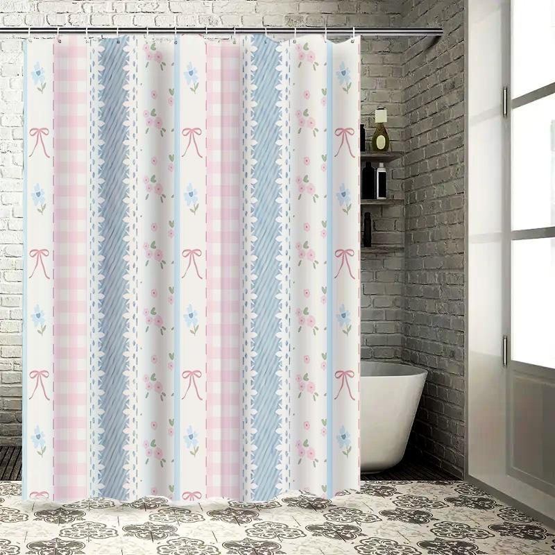 Elegant Chic Floral Striped Waterproof Shower Curtain For Modern Bathroom Decor With Hooks Pastel Design Adds Charm Easy-Clean
