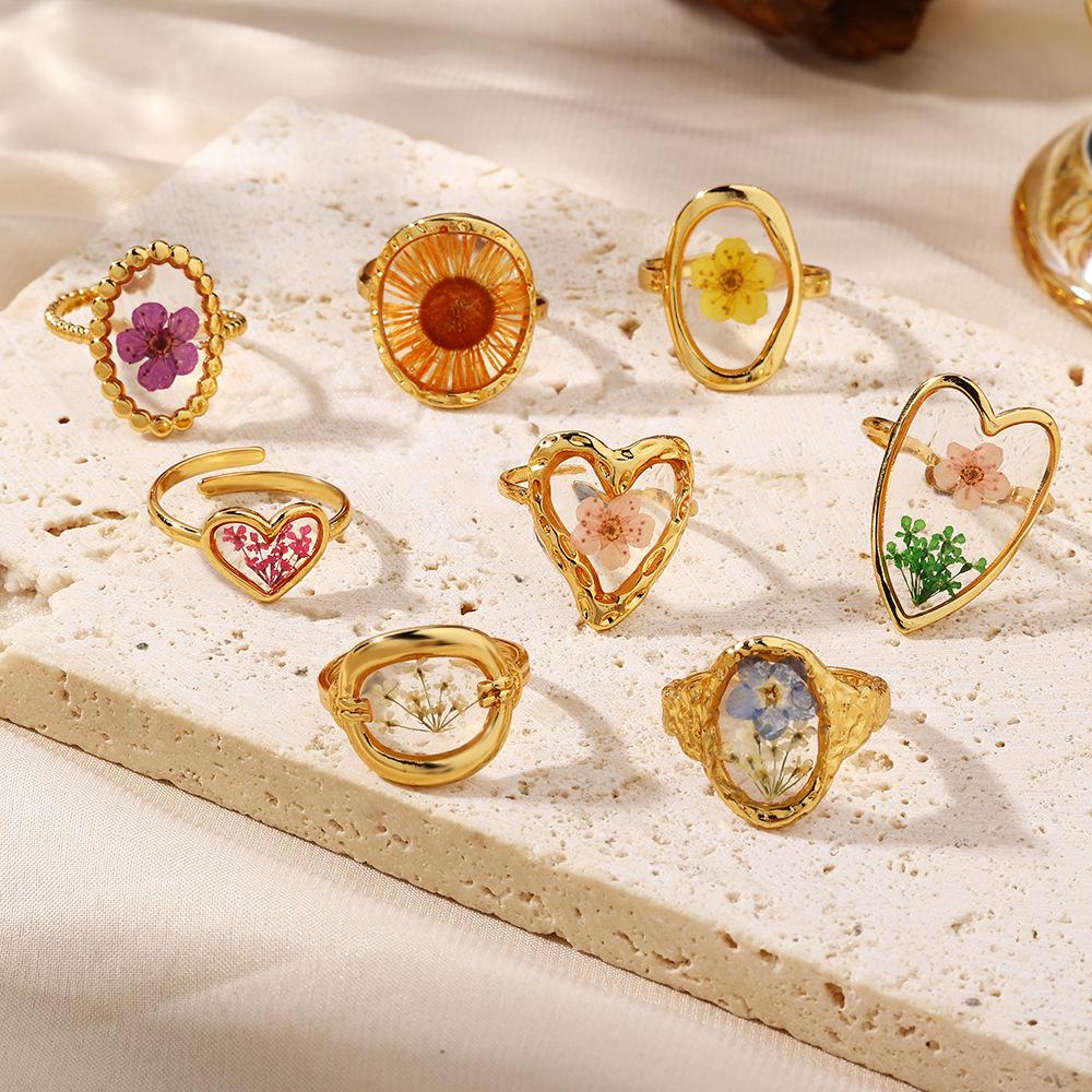 18K Gold Stainless Steel Clover & Daisy Flower Ring for Women