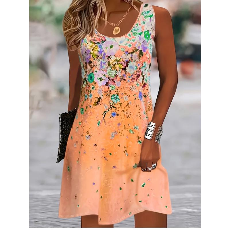 Summer New Women's Sleeveless Dresses Knee Round Neck Dresses Beach Vacation Casual Dresses Floral Printed Women's Dresses
