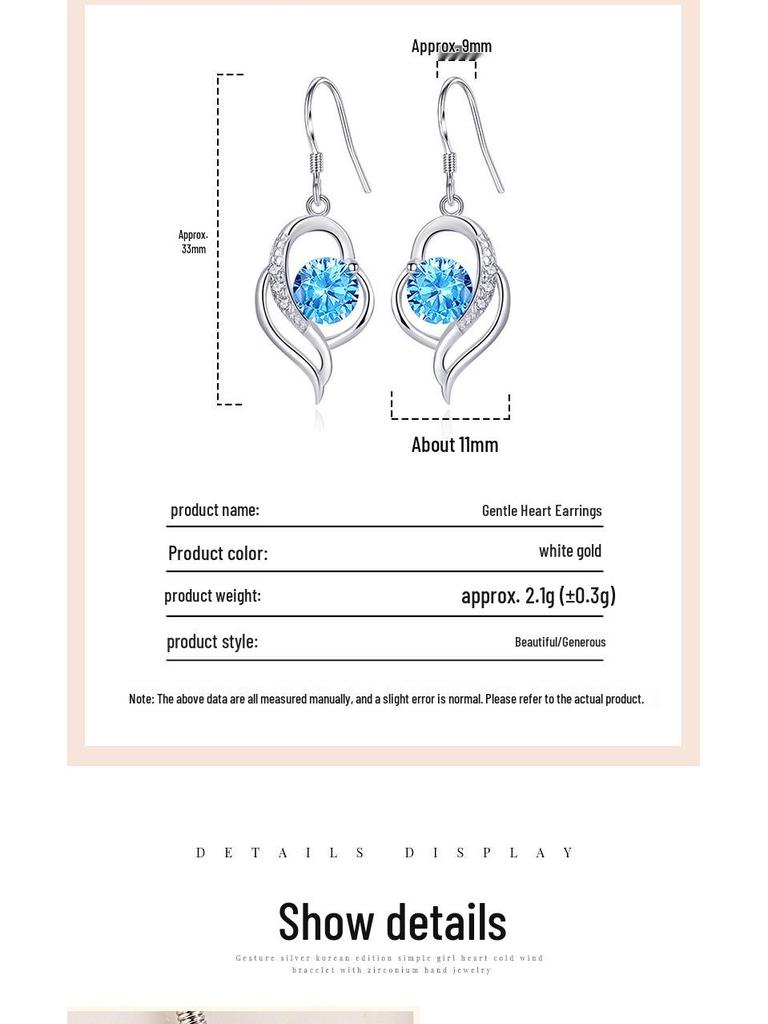 Japanese & Korean Zircon Silver-Plated Fashion Earrings: Elegant Medium-Length Hooks with Heart Details for Women