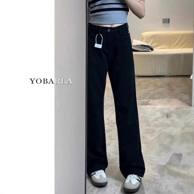 Black narrow straight jeans women's autumn and winter new velvet and thin loose pear-shaped body wide-leg trousers