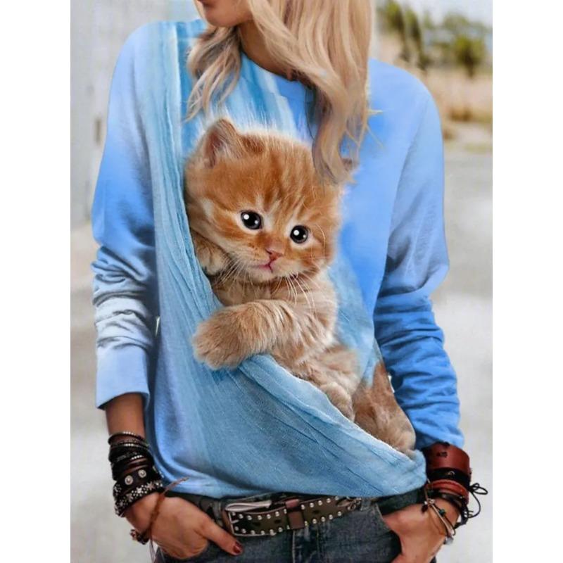 Fashion Women'S Long Sleeves T-Shirt Funny Cat 3D Print Top Woman T Shirt Casual Clothing Summer Female Tshirt