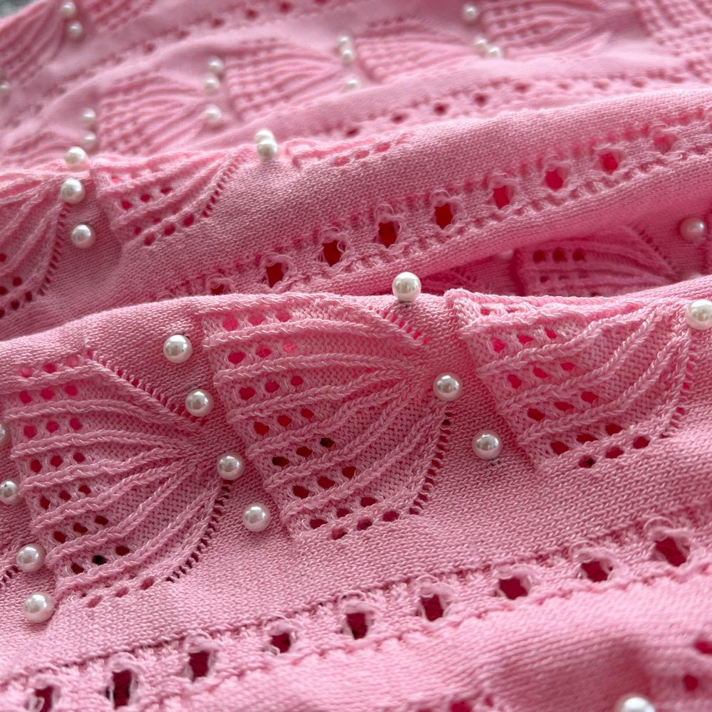 Spring Summer Women Casual Short Sleeve Beading Hollow Out Knitted Sweater Long Maxi Dresses