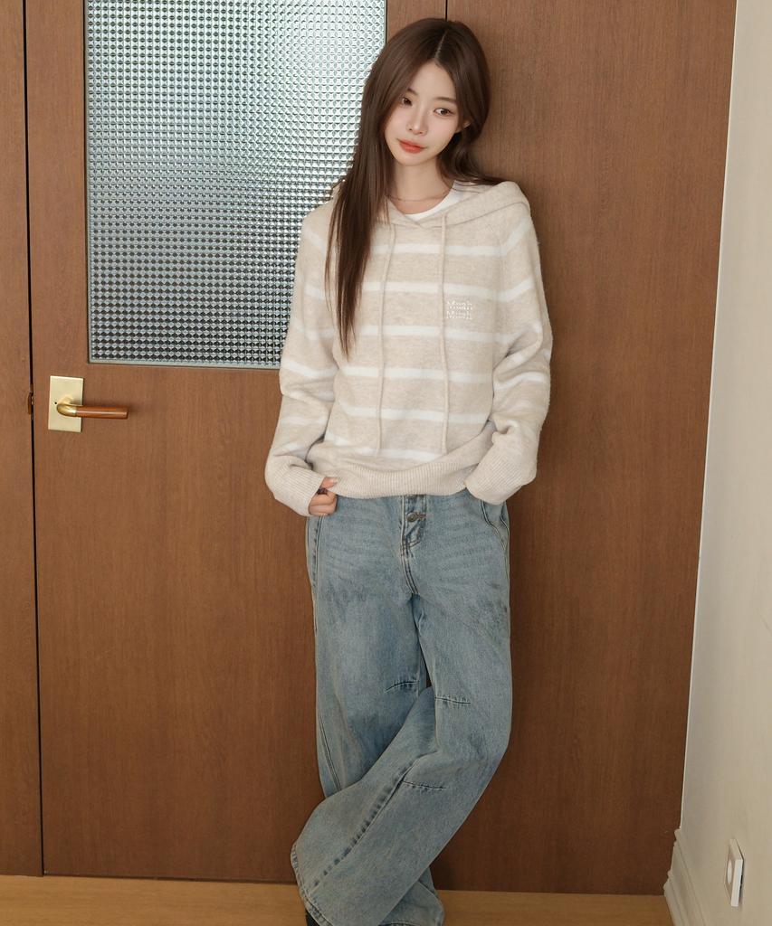 MUAHMUAH Striped Wool Brushed Hoodie Knit [Oatmeal]