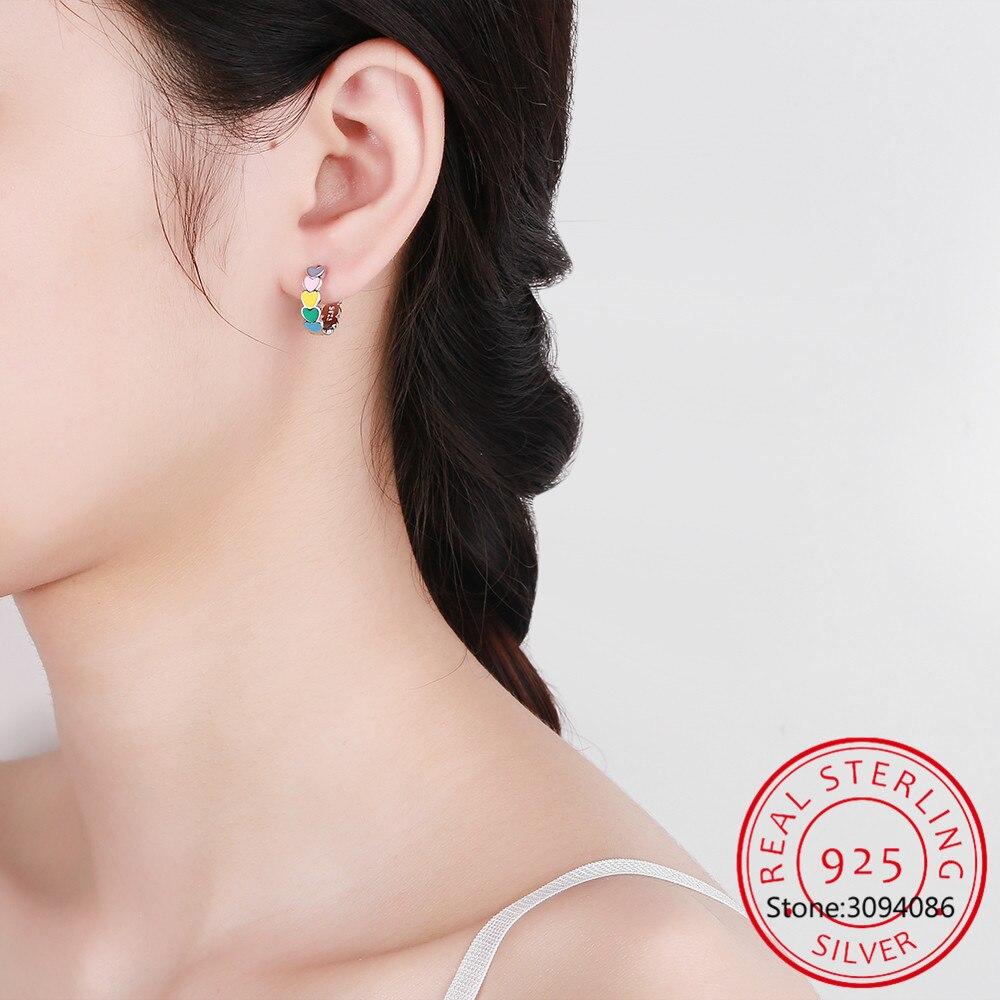Genuine S925 Sterling Silver Rainbow Color Enamel Heart Hoop Earrings For Women  New Ear Hoops Female Fine Jewelry
