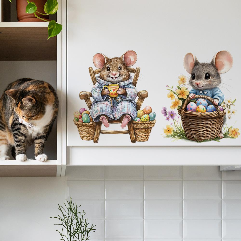 Hand Painted Mouse with Easter Eggs Wall Sticker Self-Adhesive Removable for Bedroom Living Room Background Home Decor