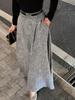 Gray High-Waisted Wool Blend Midi Skirt with Highlight Pocket Print for Women