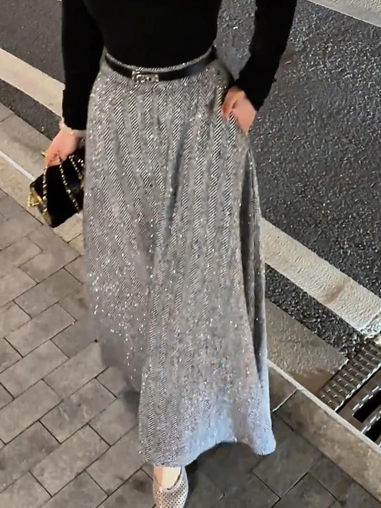 Gray High-Waisted Wool Blend Midi Skirt with Highlight Pocket Print for Women