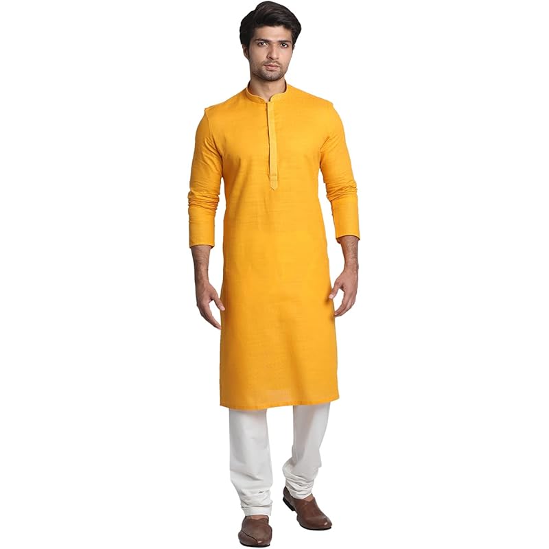 Manyavar SelfDesign Knee Long Kurta and Churidar Set for Men - (Mustard, XX-Large)