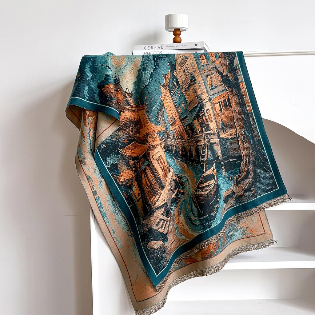 Design Architecture Print Scarves Women Winter Thicken Scarf Imitation Cashmere Shawl Warm Coldproof Windproof Blanket