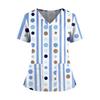 Women's Fashionable Printed V Neck Double Pocket Short Sleeved Shirt With Slit Hem Uniform And Worker Top