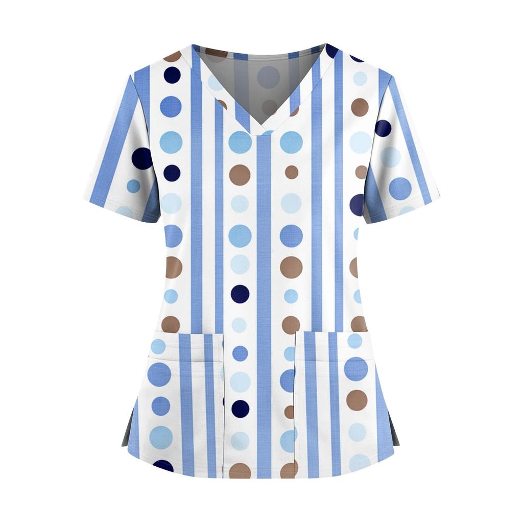 Women's Fashionable Printed V Neck Double Pocket Short Sleeved Shirt With Slit Hem Uniform And Worker Top