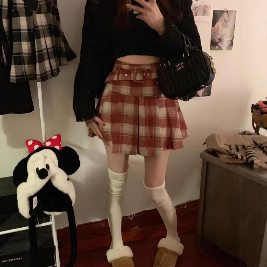 Plus Size Plaid Wool A-Line Belted Skirt - Autumn/Winter, Red, High Waist, Petite Short Skirt for 200 Jin