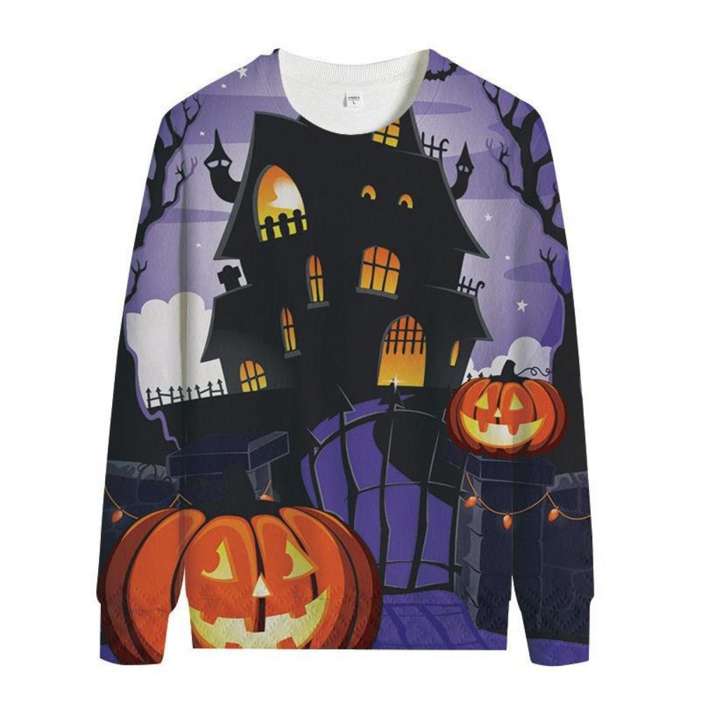 Women's Fashion Hoody Halloween Pumpkin Lamp Print Ghost Bat Sweatshirts Long Sleeved O Neck Hoodies Female Tops