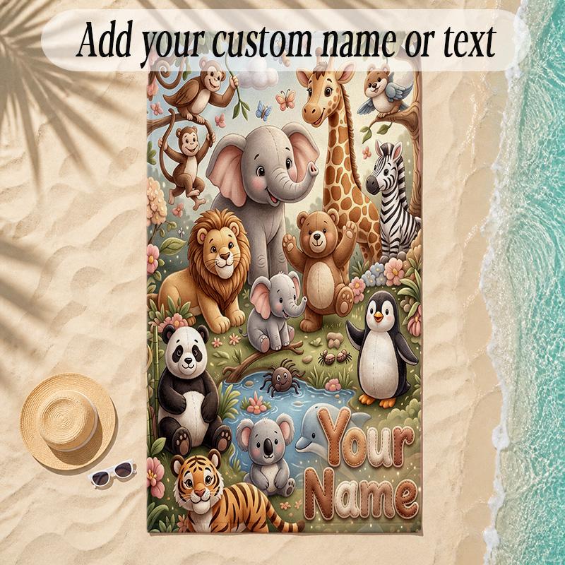 Animals Theme Soft Beach Towel Personalized Custom Name Text Towel Portable for Beach Pool Travel