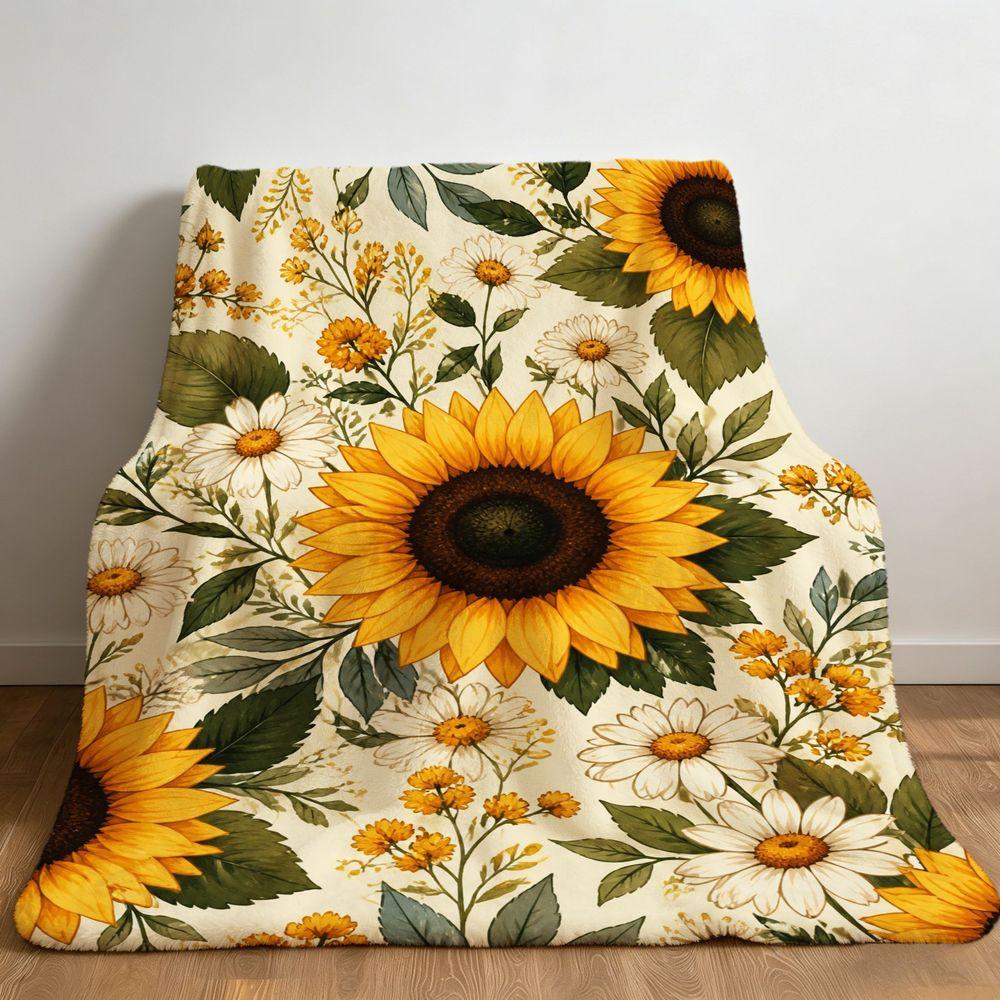 Sunflower Daisy Floral Print Flannel Throw Blanket Super Soft Warm Blanket for Sofa Bed, Botanical Flower Home Decor Gift
