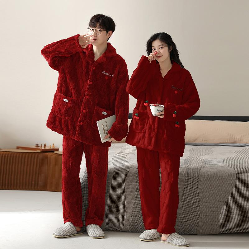 Couple Pajamas Coral Fleece Winter Thickened Fleece Red Natal Year Wedding Warm Loungewear Flannel Suit