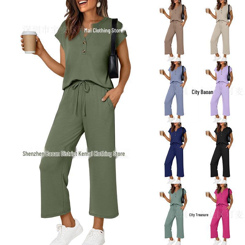 Women's Spring/Summer V-Neck Short Sleeve Buttoned Two-Piece Casual Suit